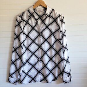 Tanjay Womens Top 12 White Black Windowpane Check Career Sheer Blouse Cuffed